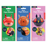 Three colorful paper balloon packages: a red fox on green, a brown bear on blue, and a dark owl on pink, each with children playing below.