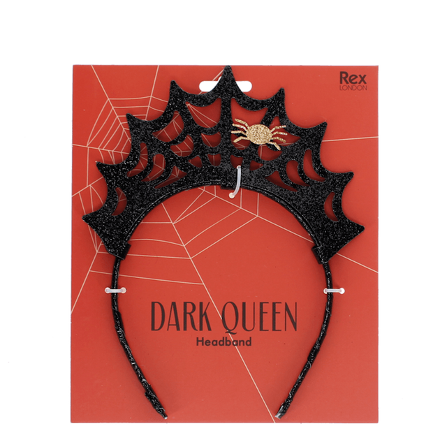 Black glitter spiderweb headband packaged on a red card labeled Dark Queen Headband.