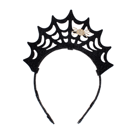 Black glitter headband shaped like a crown web featuring a small gold glitter spider detail.