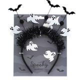 Rex London Spooky Headband with ghosts and bats, mounted on retail backing card.