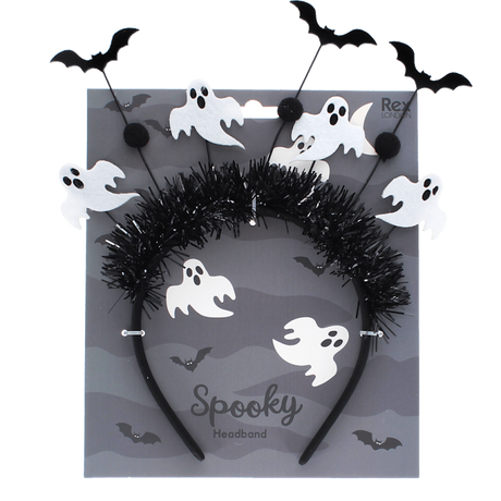 Rex London Spooky Headband with ghosts and bats, mounted on retail backing card.
