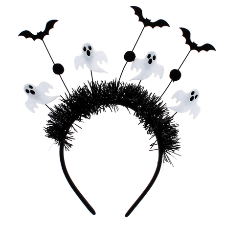 Halloween headband featuring black tinsel with white ghosts and black bats attached to boppers.