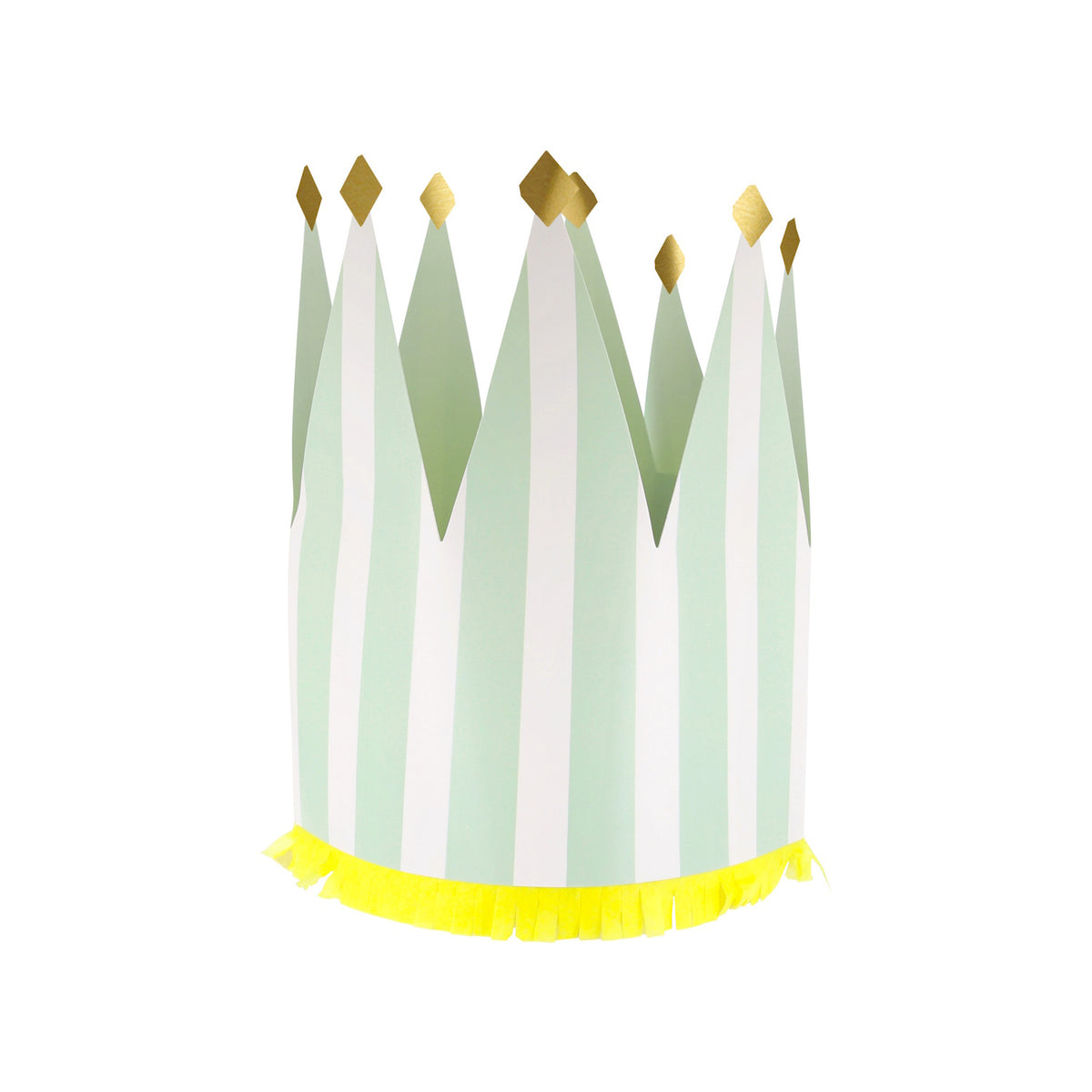Pastel mint and white striped paper party crown with gold glitter tips and yellow fringe trim for celebrations.