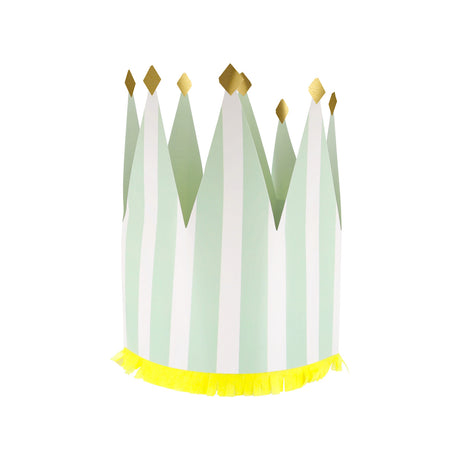 Pastel mint and white striped paper party crown with gold glitter tips and yellow fringe trim for celebrations.