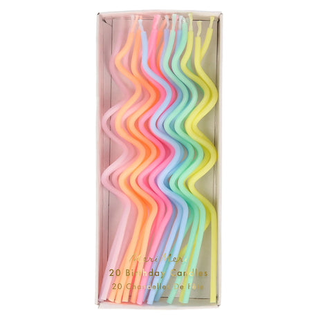 Box of 20 Meri Meri pastel wavy birthday candles in shades of pink, orange, blue, green, and yellow on a white background.