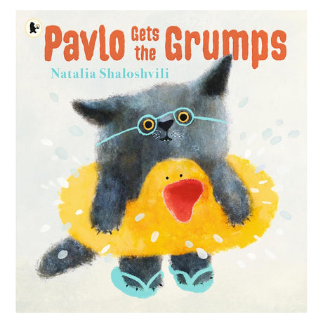 Children's book cover for "Pavlo Gets the Grumps" by Natalia Shaloshvili, featuring a grumpy cat in a yellow duck floatie.