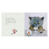 An open children's book shows a grumpy cat at a table and a small mouse holding a spoon, with whimsical text.
