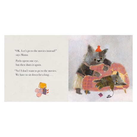 Illustration of the children's book "Pavlo Gets the Grumps," showing a cat family on a couch with whimsical text and a mouse.