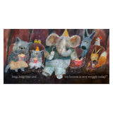 Whimsical illustration of an elephant and animal friends eating popcorn in a theater. Soft, textured storybook art style.