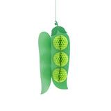 Green paper pea pod hanging decoration with three light green honeycomb tissue paper peas for garden party decor.