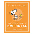 Snoopy and Woodstock dancing on an orange book cover titled The Peanuts Guide to Happiness by Charles M. Schulz.