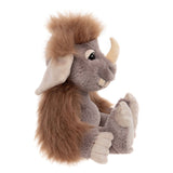 Side profile view of a grey plush creature sitting down, with a brown fluffy mane, single horn, and large ears.