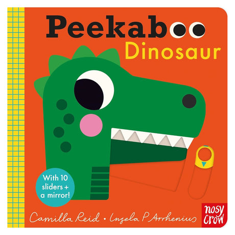 Colorful children's book cover titled "Peekaboo Dinosaur" features a playful green dinosaur illustration on an orange background, promising interactive fun.