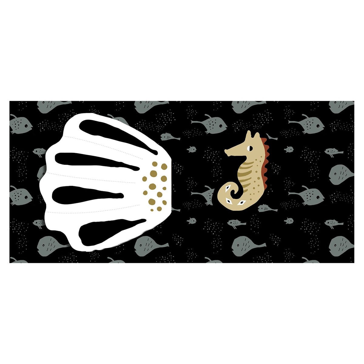 Baby cloth book spread showing a white scallop shell flap and a cute seahorse on a black fish-patterned background.