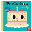 Board book cover for "Peekaboo Party" by Ingela P Arrhenius, featuring a cute birthday cake with slider and peekaboo eyes.