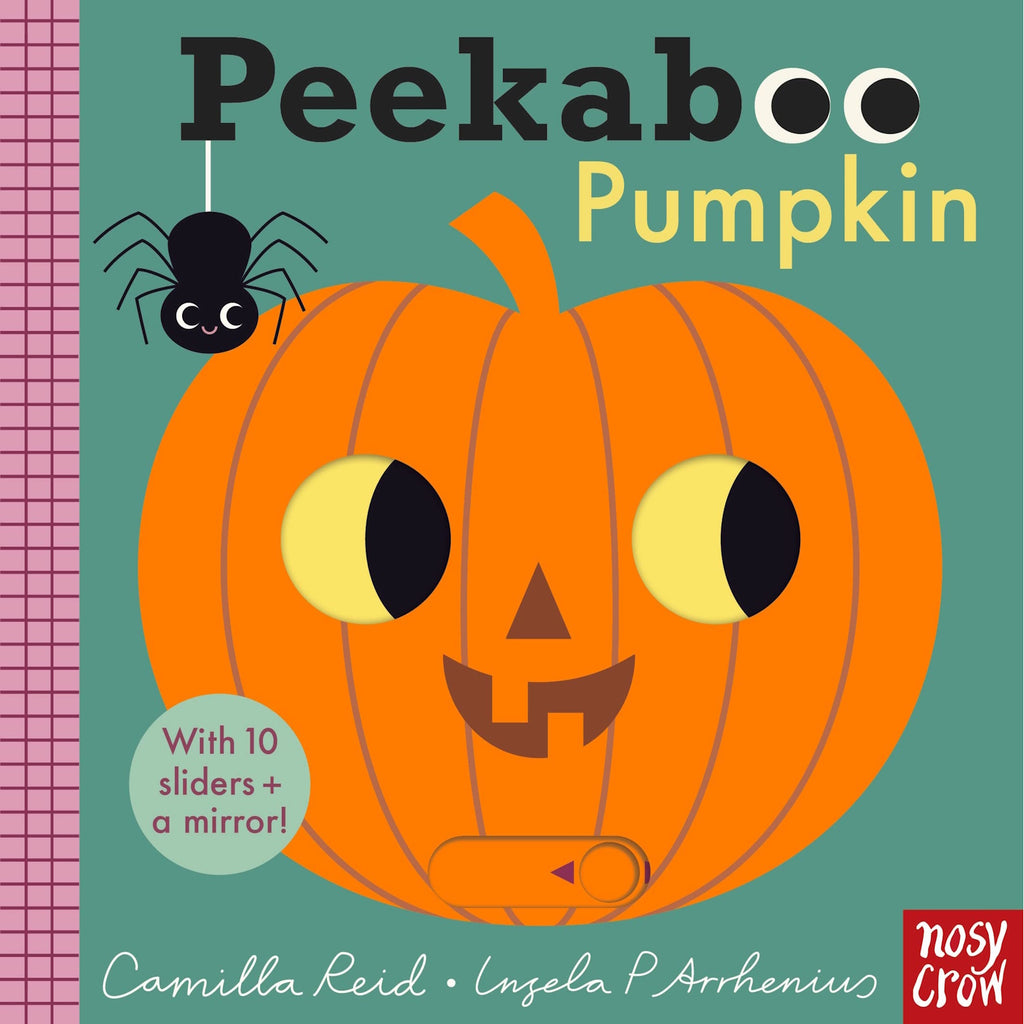 Colorful book cover titled "Peekaboo Pumpkin" shows a cheerful jack-o'-lantern with a smiling expression, a playful spider hanging, and promises interactive features.