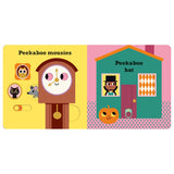 Front view of the open Peekaboo Pumpkin illustrated board book showing colorful pages.