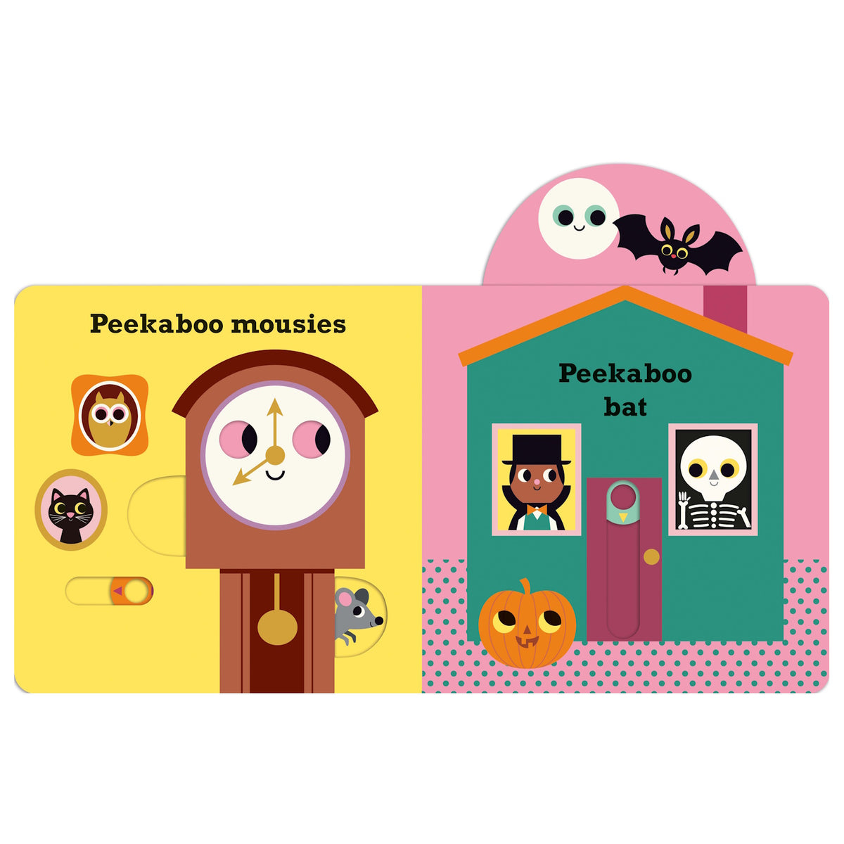 Front view of the illustrated Peekaboo Pumpkin board book opened to colorful yellow and teal pages.