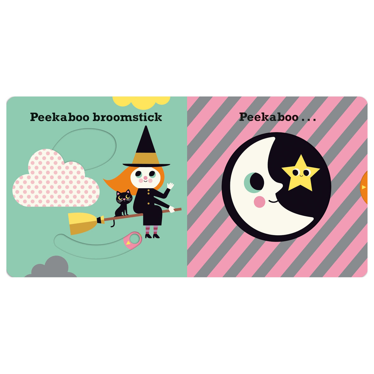 Front view of the open Peekaboo Pumpkin board book showing illustrated green and pink pages.