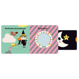 Front view of the open Peekaboo Pumpkin board book showing green and pink illustrated pages.