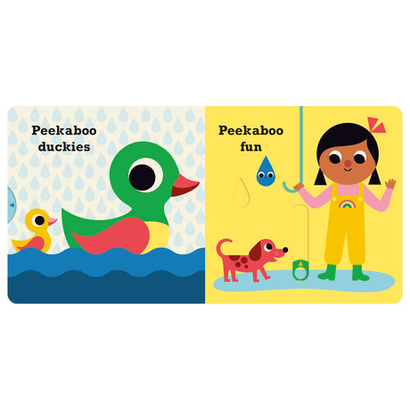 Illustrated page split: Left shows a large and small duck in water with raindrop background, titled "Peekaboo duckies." Right features a child in yellow overalls with a red dog, smiling under "Peekaboo fun."
