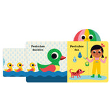 Colorful children’s book pages feature illustrations of ducklings in water on a rainy day, and a child with a dog having fun with raindrops. The tone is playful.
