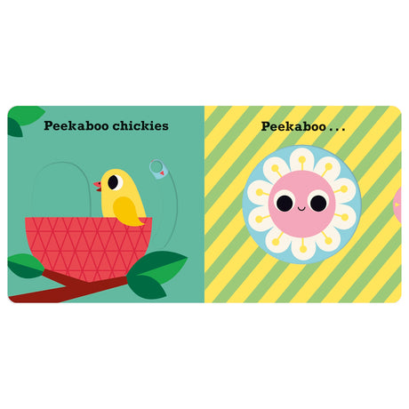 Colorful illustration from a children’s book. On the left, a yellow chick in a red nest says "Peekaboo chickies." On the right, a smiling flower on a striped background says "Peekaboo." The mood is playful and cheerful.