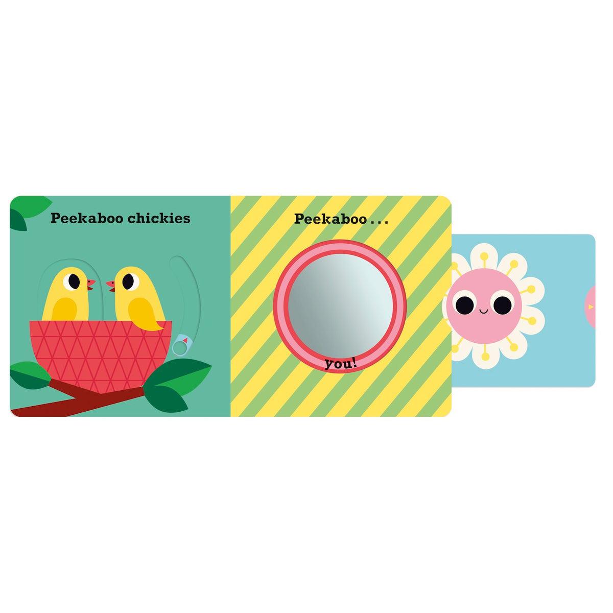 Children's book pages with "Peekaboo chickies" text. A nest with two yellow chicks on a branch is on the left. The right page has a mirrored circle. Happy tone.