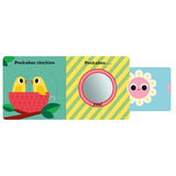 Children's book pages with "Peekaboo chickies" text. A nest with two yellow chicks on a branch is on the left. The right page has a mirrored circle. Happy tone.