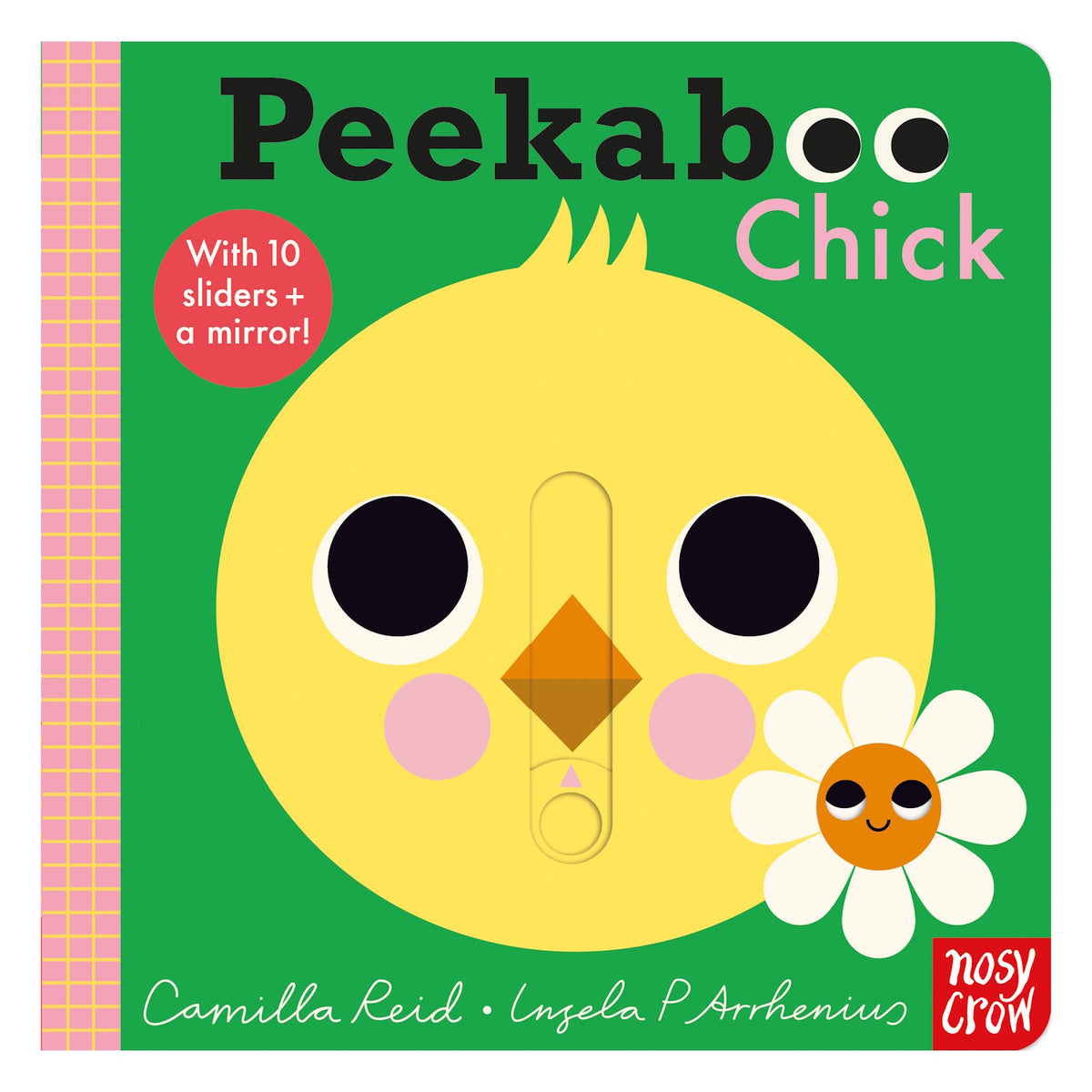 Colorful children's book cover titled "Peekaboo Chick" features a cute yellow chick with big eyes and a daisy on a green background. Playful and inviting.