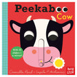 Peekaboo Cow board book cover featuring a stylized black and white cow with a flower on a red background.