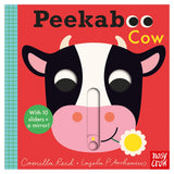 Peekaboo Cow board book cover featuring a stylized black and white cow with a flower on a red background.