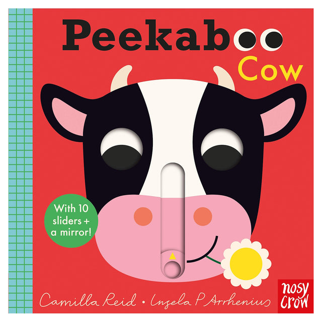 Peekaboo Cow board book cover featuring a stylized black and white cow with a flower on a red background.