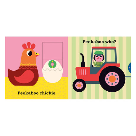 Inside of Peekaboo Cow board book showing a chicken with a hatching egg and a person driving a red tractor.