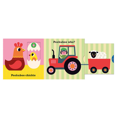 Colorful farm book illustration with a hen, chick, tractor, and sheep. Peekaboo farm animals children's book art.