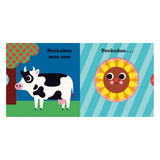 Illustration of a spotted cow and a smiling sunflower. Peekaboo farm animals children's board book art.