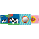 Peekaboo Moo Cow board book illustration featuring a cow, a butterfly, a sunflower, and a mirror for baby's reflection.