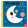 Peekaboo Moon children's board book cover featuring a smiling crescent moon and yellow stars on a blue background.