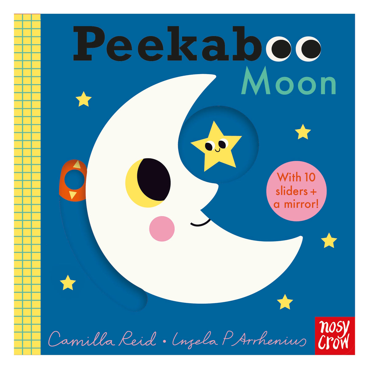 Peekaboo Moon children's board book cover featuring a smiling crescent moon and yellow stars on a blue background.