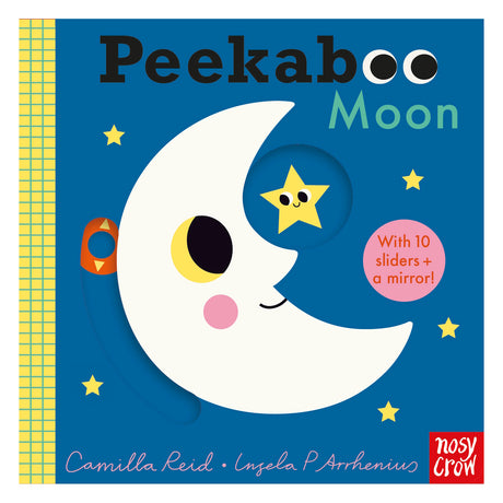 Peekaboo Moon children's board book cover featuring a smiling crescent moon and yellow stars on a blue background.