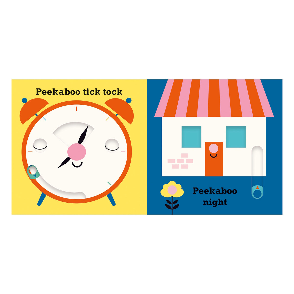 Colorful children's book pages featuring an orange alarm clock and a house with a striped roof on a blue background.