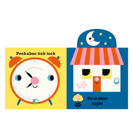 Colorful children's book pages featuring an orange alarm clock and a house under a crescent moon with "Peekaboo" text.