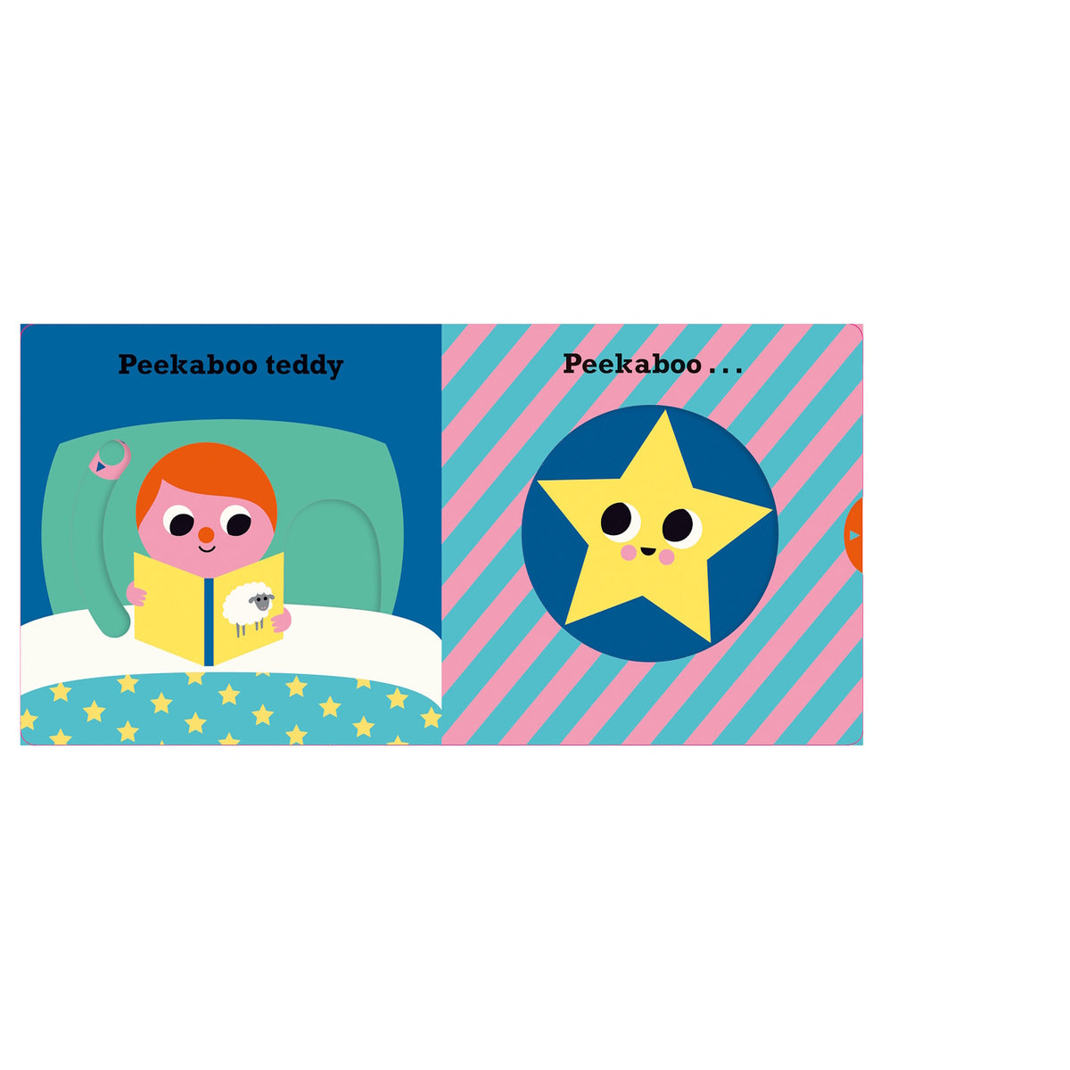 Peekaboo Moon children's book spread featuring a boy reading to a teddy bear and a smiling yellow star on a striped background.