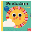Peekaboo Sun children's board book cover featuring a smiling sun and white cloud on a green background.