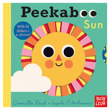 Peekaboo Sun children's board book cover featuring a smiling sun and white cloud on a green background.
