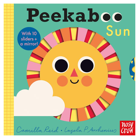 Peekaboo Sun children's board book cover featuring a smiling sun and white cloud on a green background.