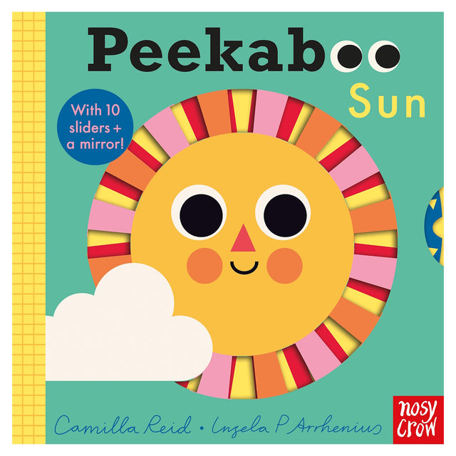 Peekaboo Sun children's board book cover featuring a smiling sun and white cloud on a green background.