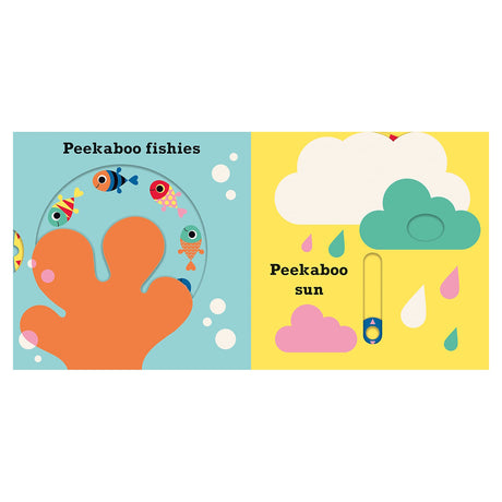 "Peekaboo Fishies" and "Peekaboo Sun" interactive board book pages with colorful fish and clouds.