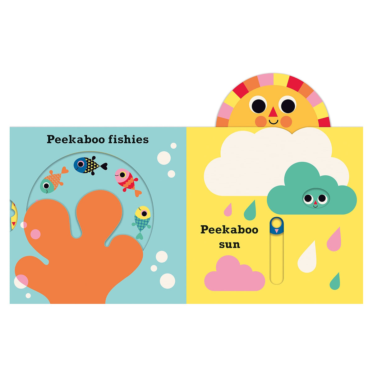 "Peekaboo Fishies" and "Peekaboo Sun" interactive board book pages with colorful fish and clouds.