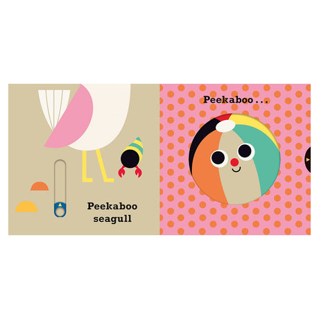 "Peekaboo fishies" book spread with fish, bubbles, and "Peekaboo sun" spread with a smiling sun and clouds.